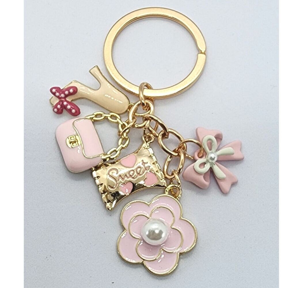 Pink Feminine Girly Bag Charm Keychain High Heel Purse Bow Flower